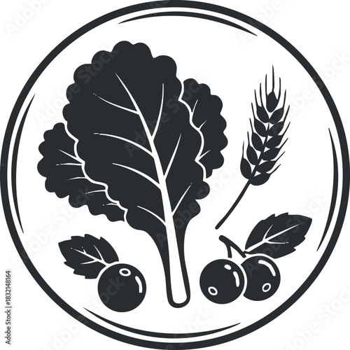 A collection of fresh vegetables including leafy greens, wheat, and berries in black and white vector style, perfect for health and nutrition projects
