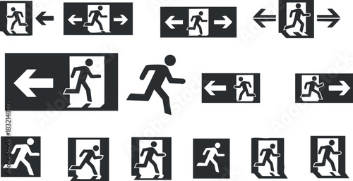 A collection of exit signs featuring a running figure and directional arrows in minimalist black and white vector style, ideal for safety signage and wayfinding designs