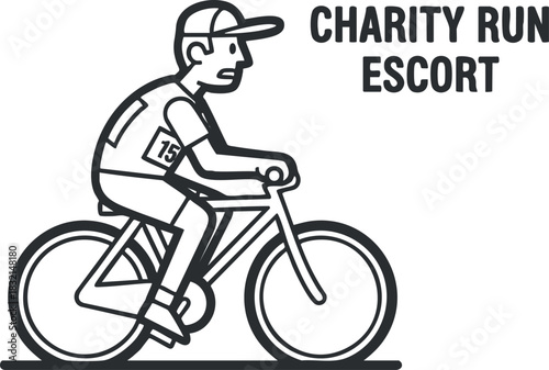 A cyclist acting as a charity run escort in black and white minimalist vector style, suitable for event promotion and awareness campaigns