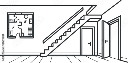 A minimalist interior scene featuring stairs and a wall with a floor plan in outline vector style, ideal for architectural designs