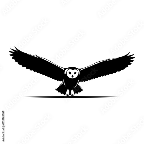 A black and white graphic of an owl flying with its wings spread wide