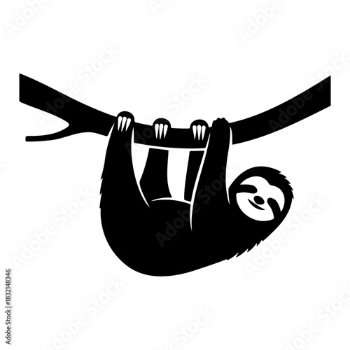 A black silhouette of a sloth hanging upside down from a tree branch