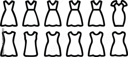Collection of diverse clothing outlines, showcasing various dress styles and silhouettes for fashion design