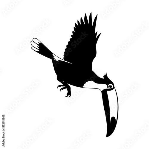 A black silhouette of a toucan bird in flight with a large beak design