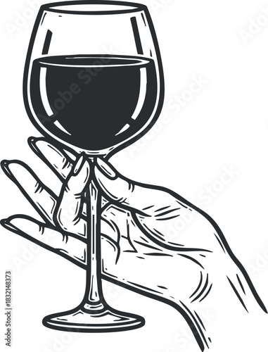 A hand holding a wine glass filled with red wine in a stylish outline vector illustration, perfect for wine-related designs