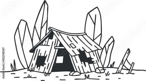 A rustic hut surrounded by tall grass and foliage in a black and white minimalist vector style, ideal for nature-themed projects