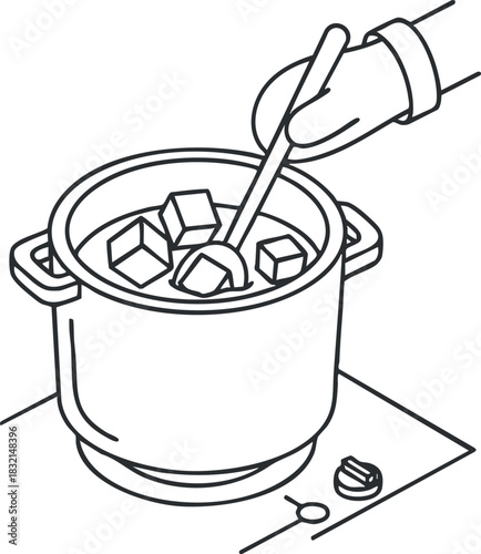 A line art illustration of a hand stirring ingredients in a saucepan with cubes, in a minimalist vector style, suitable for cooking-related projects
