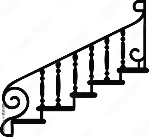 Ornate wrought iron stair railing silhouette with elegant balusters and decorative scrollwork