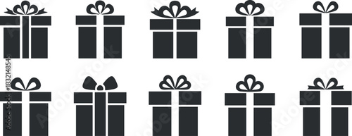 A collection of gift boxes with bows in black and white minimalist vector style, perfect for festive designs and celebrations