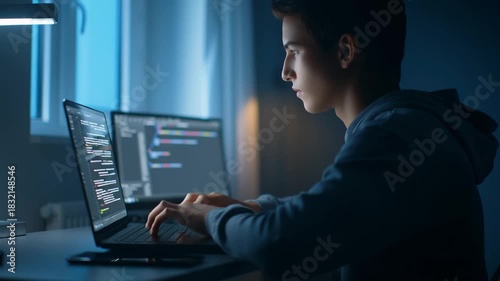 A young male programmer works at a laptop in a dim evening room as the camera shifts from a side view to a closer angle showing his continuous typing and concentrated expression while
