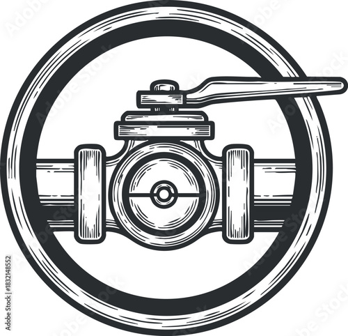 A detailed illustration of a pipe valve with a handle in black and white vintage style, ideal for engineering and industrial designs