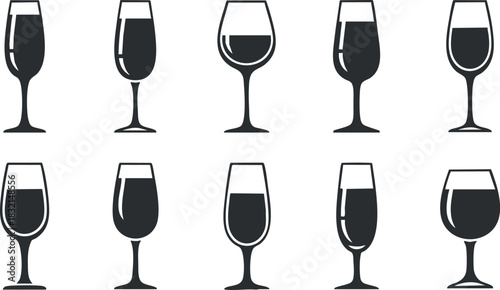 A set of wine and cocktail glasses in black and white minimalist vector style, perfect for bar and restaurant branding