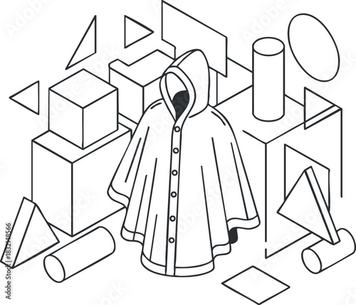 A stylish hooded cape surrounded by geometric shapes in minimalist line art vector style, suitable for fashion design projects