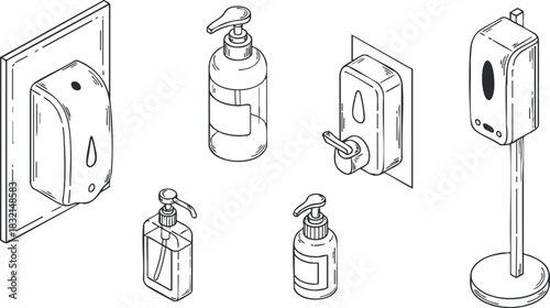 A collection of soap and sanitizer dispensers in outline vector style, suitable for hygiene and cleaning applications