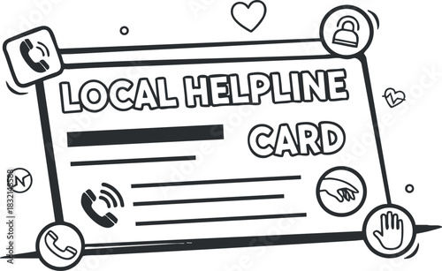 A local helpline card illustration in black and white outline vector style, suitable for community support and informational resources