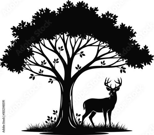 Magnificent deer standing gracefully under a large, lush oak tree silhouette, perfect for logo, nature reserve emblem, and outdoor adventure branding.
