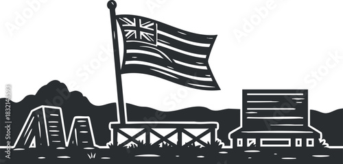 A waving country flag with a scenic landscape in black and white outline vector style, ideal for travel and heritage themes