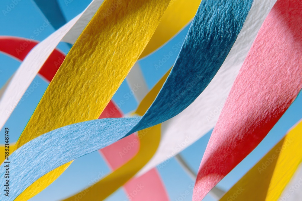 Obraz premium Colorful ribbons in yellow, blue, pink, and white swirl in the air against a bright blue sky. Vibrant decoration and celebration concept.