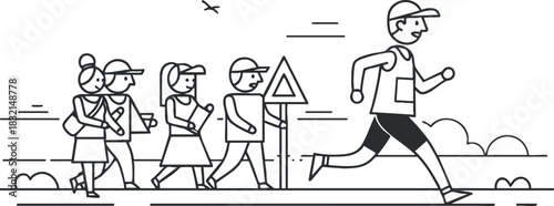 A group of people walking beside a running athlete in a clean minimalist line art vector style, suitable for sports and fitness themes