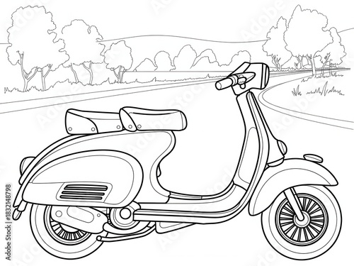 Detailed Black and White Line Art Drawing of Classic Vintage Scooter with Rounded Curves Body Silhouette Side Profile View