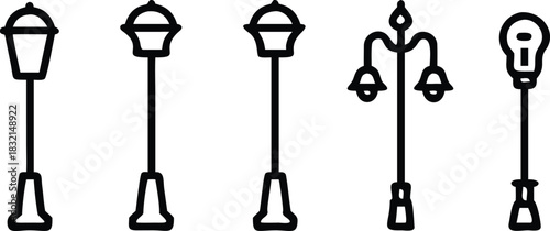 Outline icon set of various street lamps and lampposts for urban lighting design projects