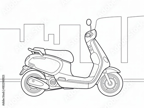 Detailed Black and White Line Art Illustration of Modern Compact Scooter with Rounded Edges Clear Seat Handlebars and Urban Cityscape Background