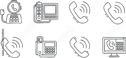 A collection of various telephone icons including vintage, office, and modern devices in clean outline vector style, ideal for communication and technology design