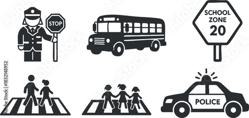 A collection of school safety icons including a police officer, school bus, crossing children, and warning signs in black and white vector style, ideal for educational materials and safety signage