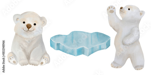 Cute polar bears with ice, isolated watercolor drawing