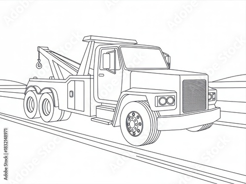 Detailed Black and White Line Art Illustration of Sturdy Tow Truck with Towing Hook Mechanism Large Front Wheels Visible Cabin Simple Chassis Side View