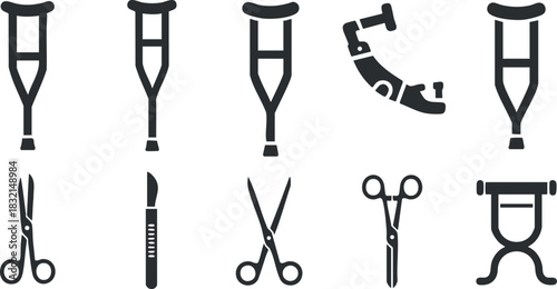 A collection of medical tools including crutches, scissors, and surgical instruments in black outline vector style, suitable for healthcare and medical design projects