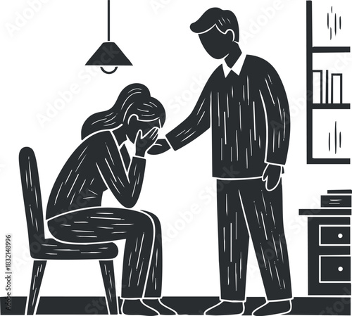A scene depicting a comforting interaction between a person offering support and another feeling distressed in black and white minimalist vector style, ideal for mental health awareness campaigns
