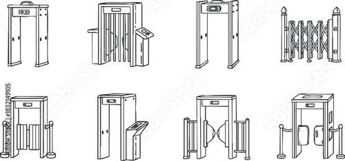 A collection of various security metal detectors and checkpoints in outline vector style, suitable for safety and surveillance designs