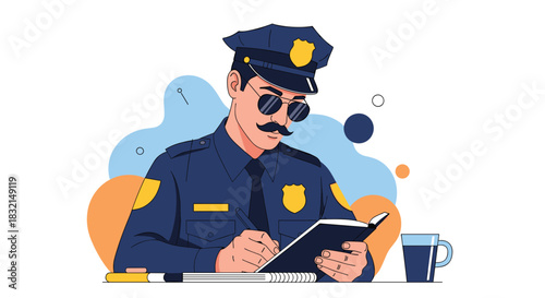 Illustration of a police officer with a mustache and sunglasses writing in a notebook with a cup of coffee nearby.