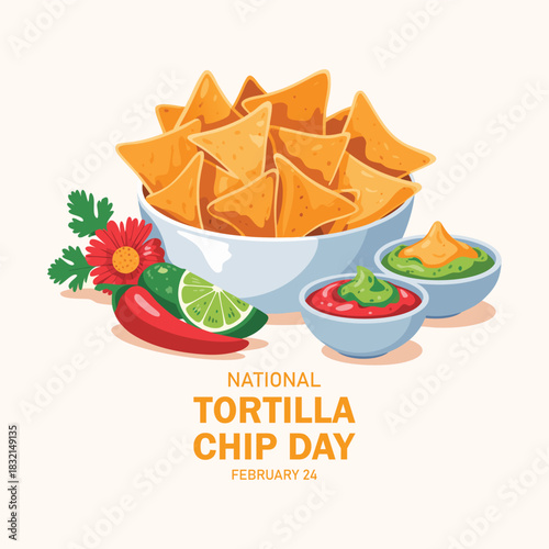 National Tortilla Chip Day vector. Chips and dips vector. Bowl of corn chips and garnish icon vector. Nachos tortilla chips and salsa sauce illustration. February 24. Important day