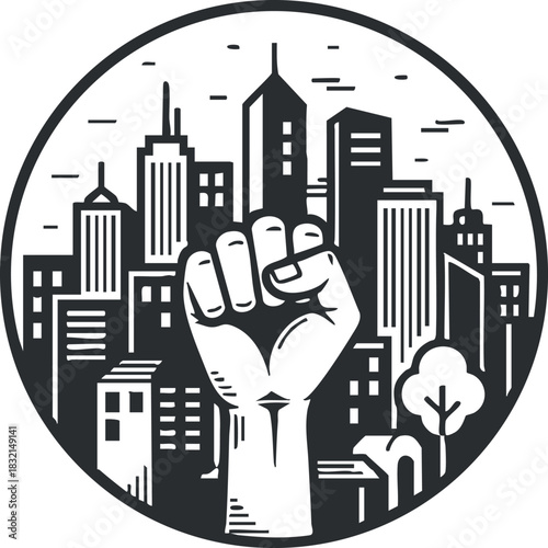 A raised fist symbolizing empowerment and activism over a city skyline in black and white outline vector style, ideal for social justice campaigns