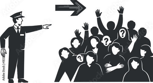A police officer gesturing towards a crowd of people with various expressions in black and white minimalist vector style, suitable for social commentary or law enforcement themes