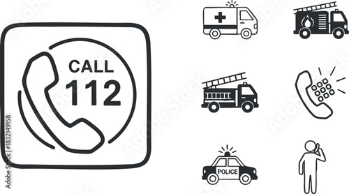An emergency call icon featuring a phone with 'Call 112' text in a minimalist black and white vector style, suitable for safety and health resources
