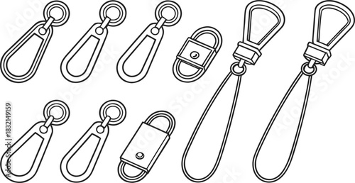 Various zipper pulls, bag hardware, and fastenings vector outline set for fashion design elements.