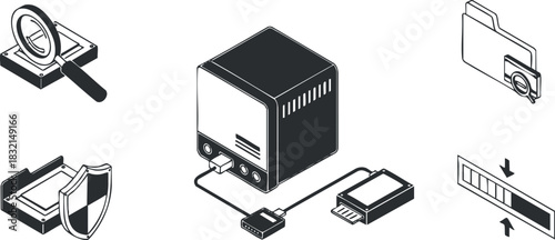 A set of technology icons including a magnifying glass, a data storage cube, and a file folder in minimalist vector style, suitable for digital design projects