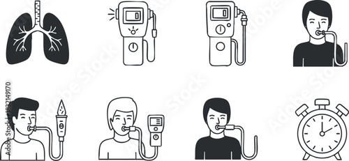A set of vector illustrations depicting lung function tests and spirometry equipment in black and white outline style, suitable for medical and health-related projects