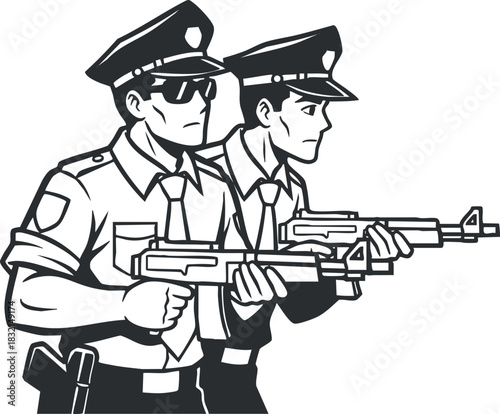 A pair of police officers in black and white vector style, armed and ready for action, suitable for law enforcement themes