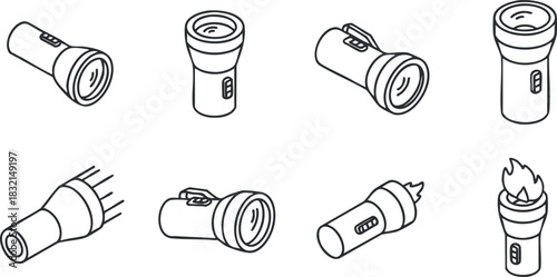 A set of various flashlight designs in clean outline vector style, suitable for outdoor and camping illustrations
