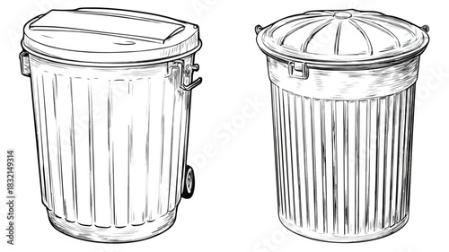 Trash Can Sketch with Bin and Waste Inside - Environmental Waste Concept Drawing