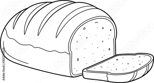 Outline vector illustration of a freshly baked loaf of bread, partially sliced, showing texture and grain, ideal for bakery menus, packaging, or food-themed design.