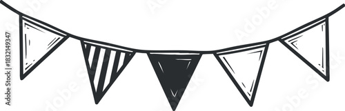 A set of decorative bunting flags in black and white outline vector style, perfect for party decorations and celebrations