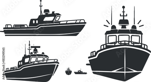 A collection of various boat designs including a rescue vessel and utility boats in black vector style, suitable for maritime themes and nautical projects