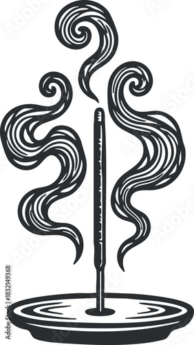 An incense stick with swirling smoke in black and white minimalist vector style, ideal for wellness and relaxation themes