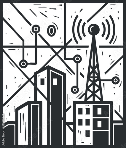 A telecommunications tower above city buildings in black and white minimalist vector style, ideal for technology-related projects