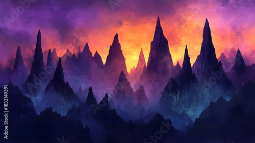 Ethereal Fantasy Mountain Landscape at Sunset